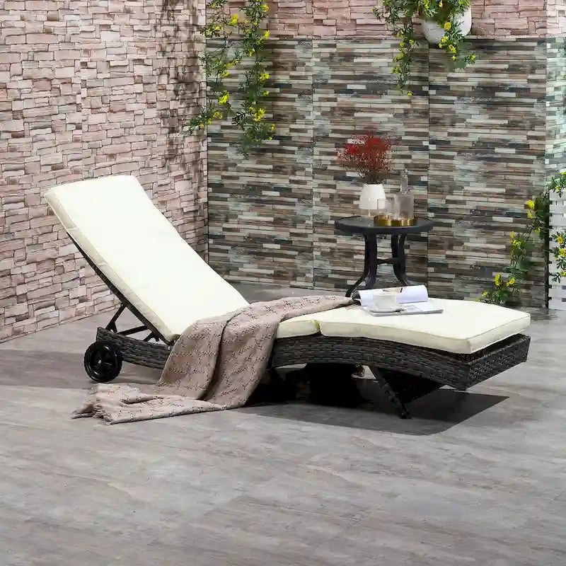 Chaise longue de piscine en osier, transat de terrasse rembourré avec dossier réglable sur 5 niveaux et roulettes pour faciliter le déplacement