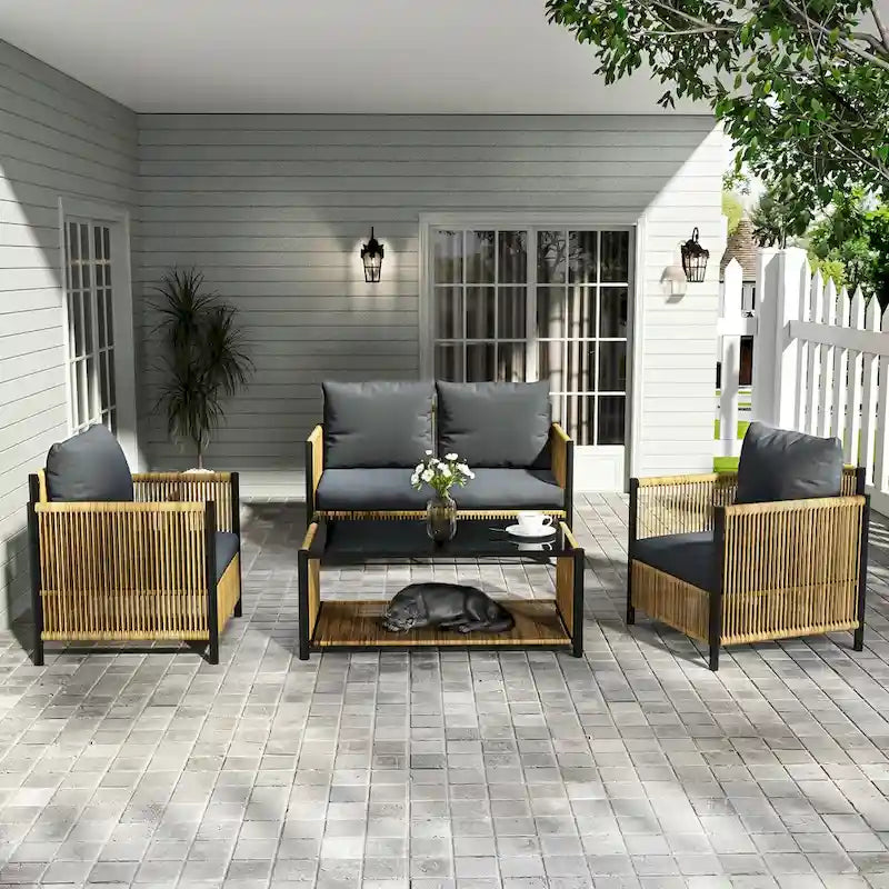 New Comming Patio 4 pieces Brown PE Wicker Sofa Set with Grey Cushion
