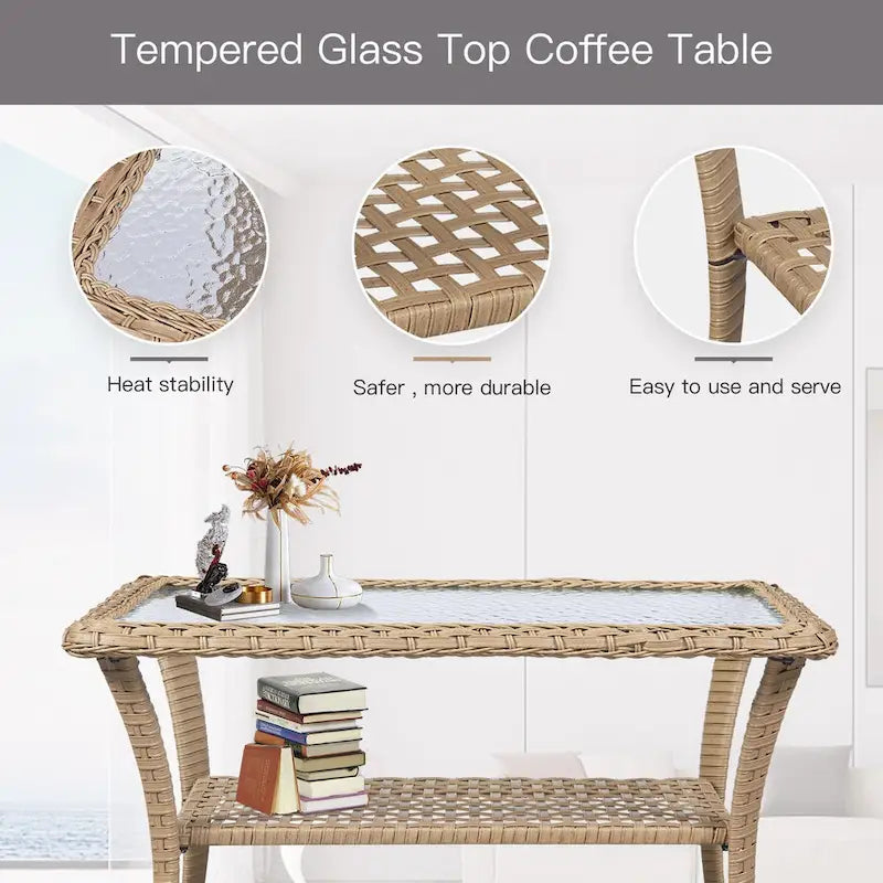 Ensemble de canapé en rotin avec 2 fauteuils à bascule - Jaune