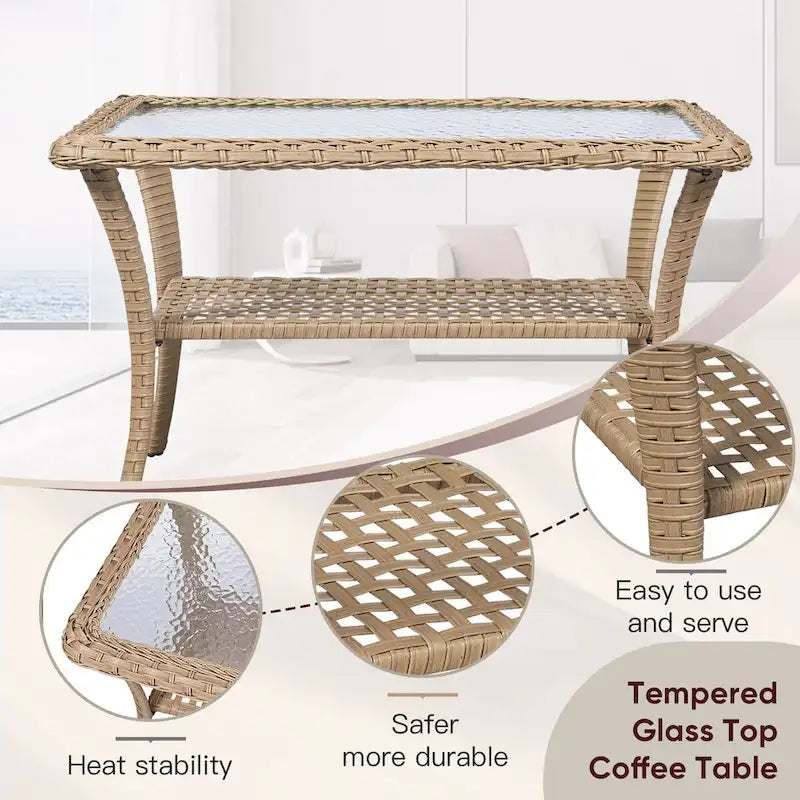 Ensemble de canapé en rotin avec 2 fauteuils à bascule - Jaune