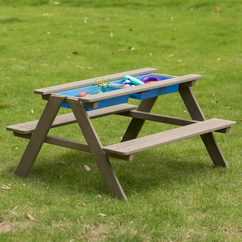 Table de jeu de pique-nique, table bac à sable avec trou pour parasol et 2 coffres de jeu.
