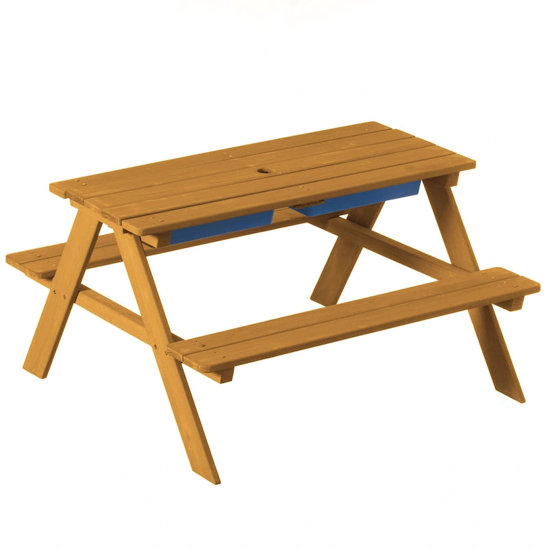 Table de jeu de pique-nique, table bac à sable avec trou pour parasol et 2 coffres de jeu.