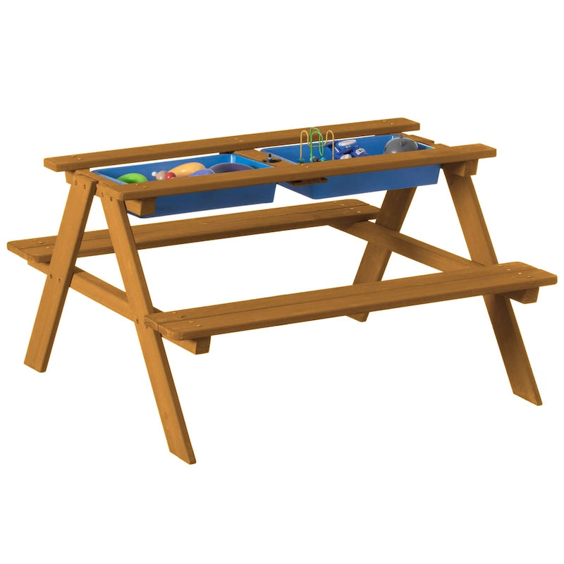 Table de jeu de pique-nique, table bac à sable avec trou pour parasol et 2 coffres de jeu.