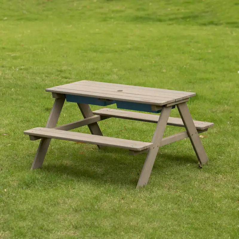 Table de jeu de pique-nique, table bac à sable avec trou pour parasol et 2 coffres de jeu.