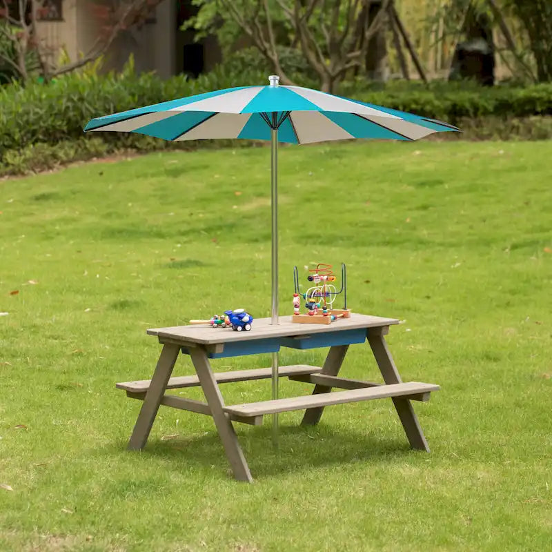 Table de jeu de pique-nique, table bac à sable avec trou pour parasol et 2 coffres de jeu.