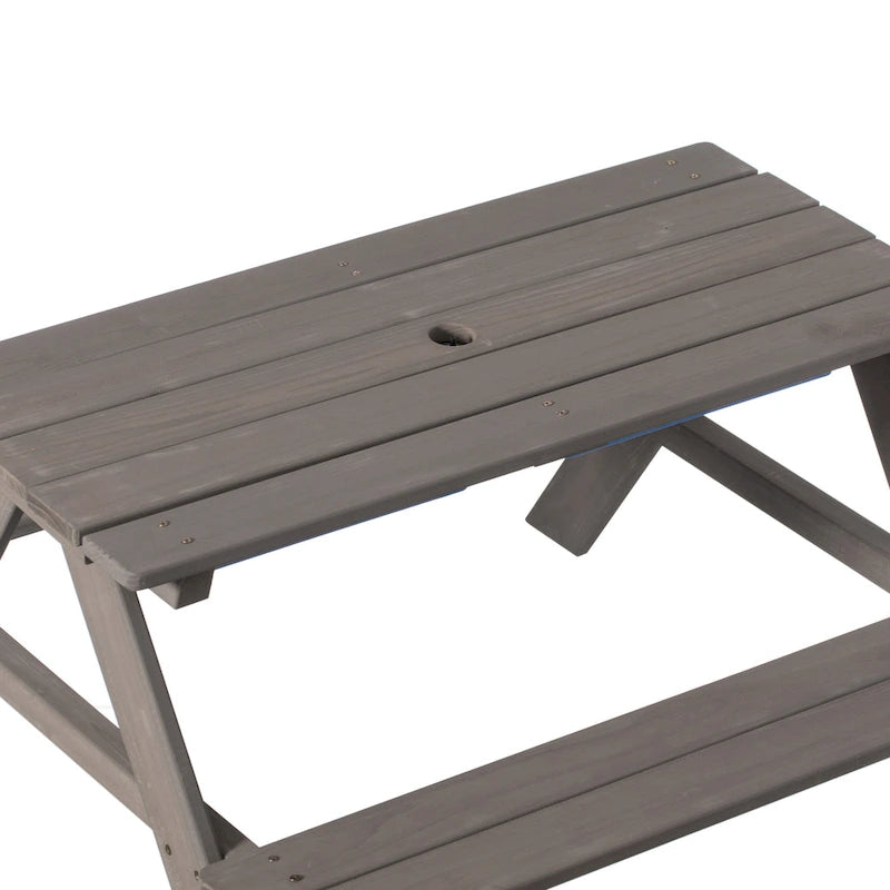 Table de jeu de pique-nique, table bac à sable avec trou pour parasol et 2 coffres de jeu.