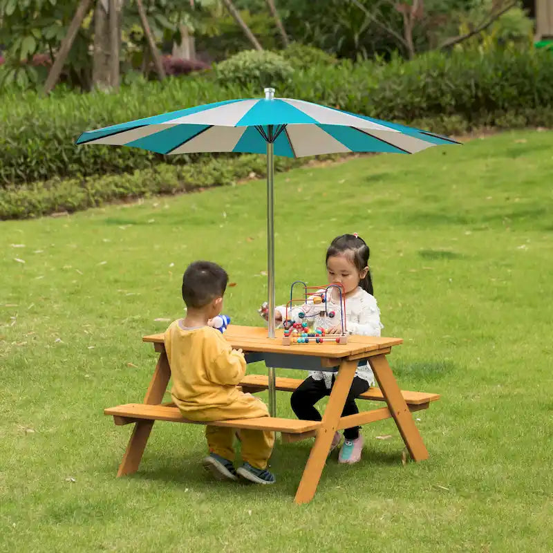Table de jeu de pique-nique, table bac à sable avec trou pour parasol et 2 coffres de jeu.