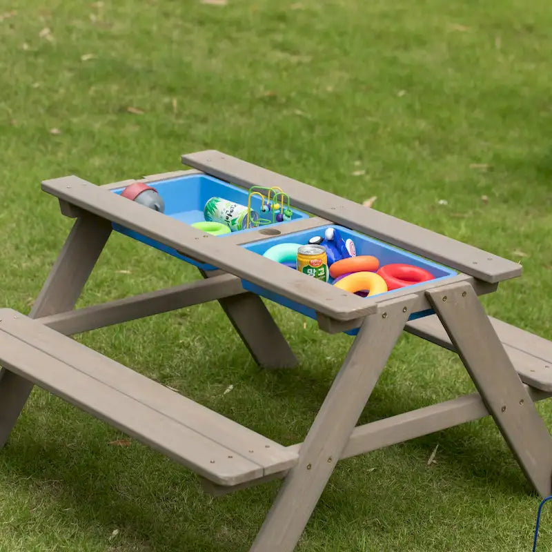 Table de jeu de pique-nique, table bac à sable avec trou pour parasol et 2 coffres de jeu.