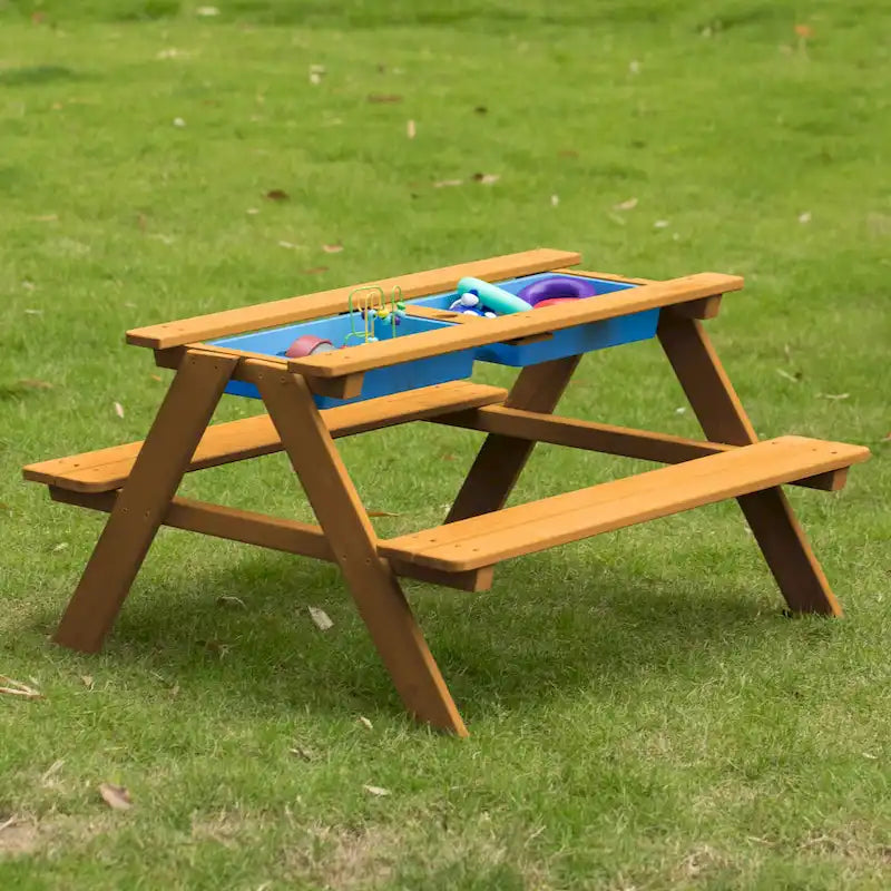 Table de jeu de pique-nique, table bac à sable avec trou pour parasol et 2 coffres de jeu.