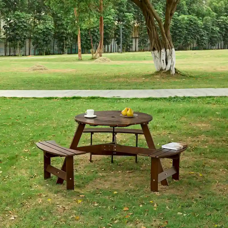 Outdoor Round Picnic Table Set with Built-in Benches & Umbrella Hole