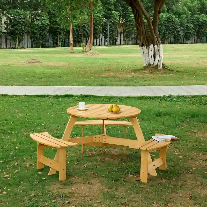 Ensemble table de pique-nique ronde d'extérieur avec bancs intégrés et trou pour parasol
