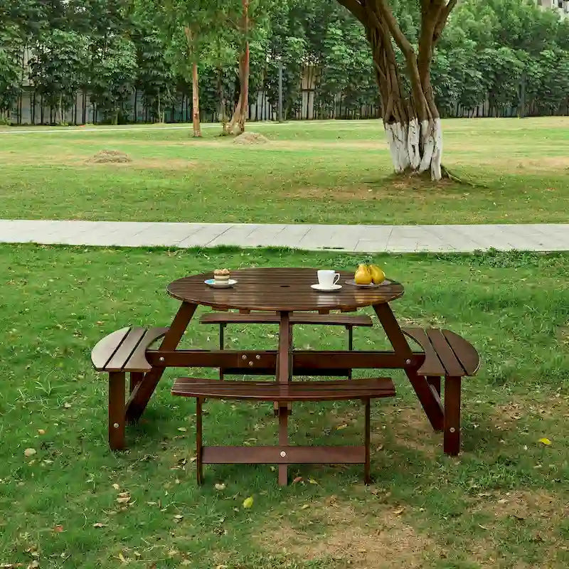 Ensemble table de pique-nique ronde d'extérieur avec bancs intégrés et trou pour parasol