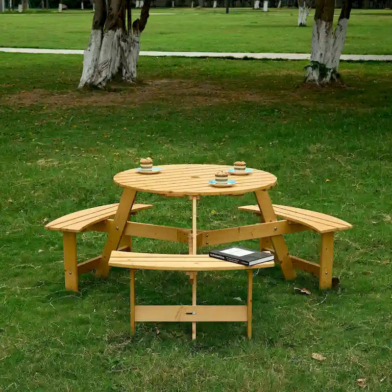 Ensemble table de pique-nique ronde d'extérieur avec bancs intégrés et trou pour parasol