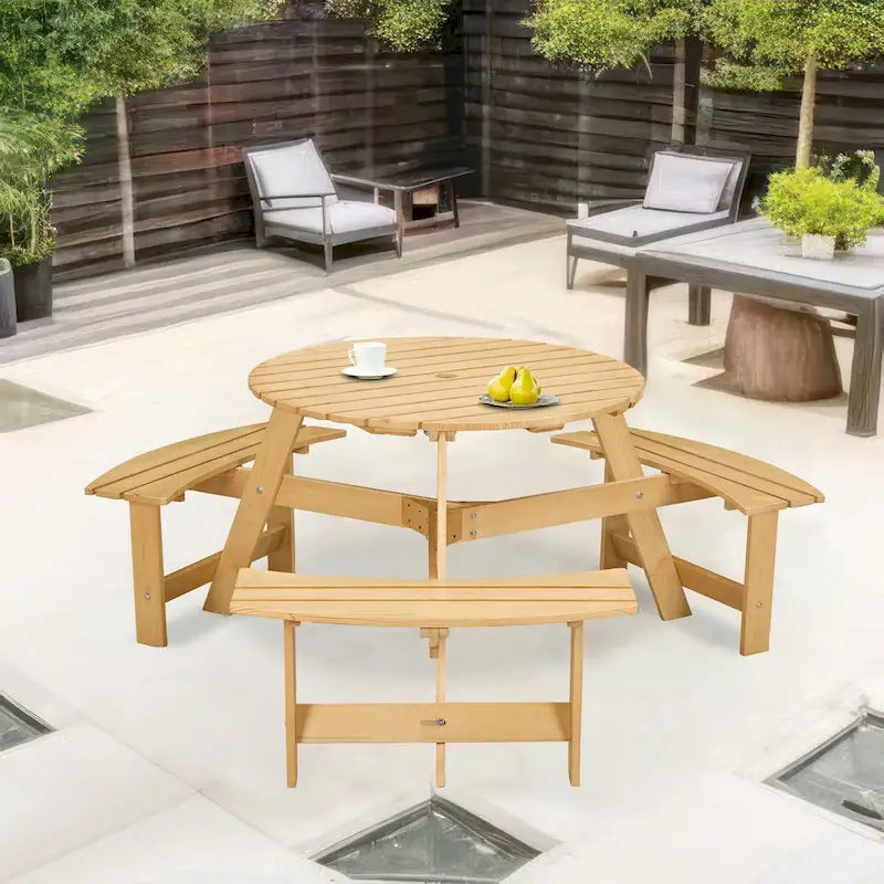 Ensemble table de pique-nique ronde d'extérieur avec bancs intégrés et trou pour parasol