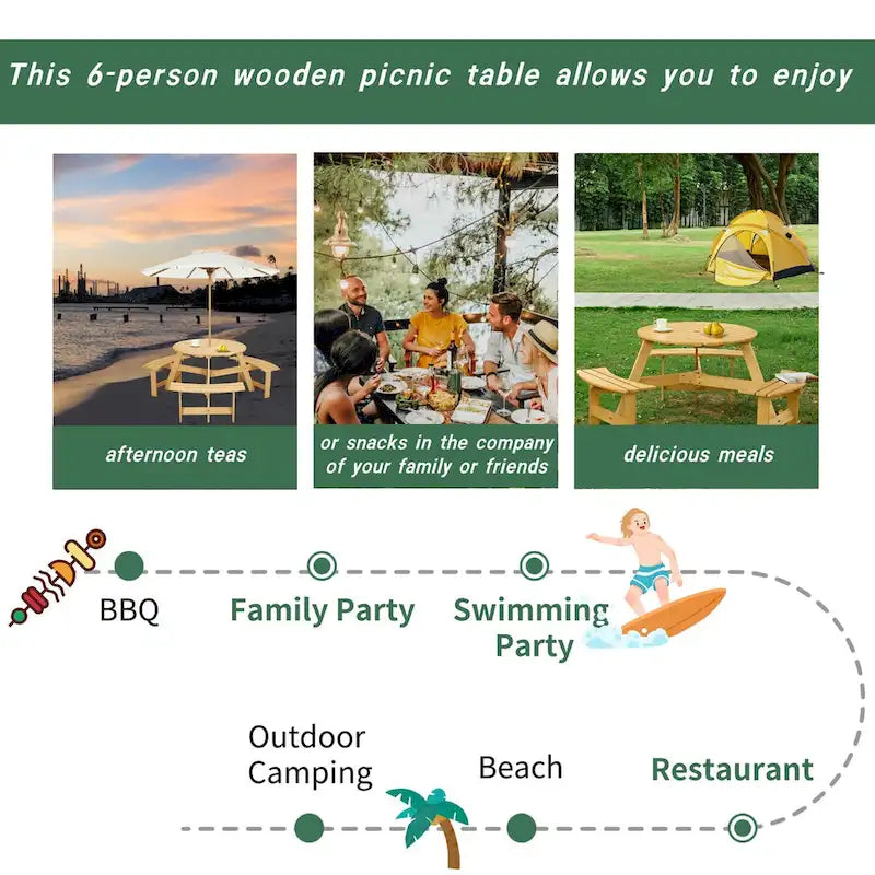 Ensemble table de pique-nique ronde d'extérieur avec bancs intégrés et trou pour parasol