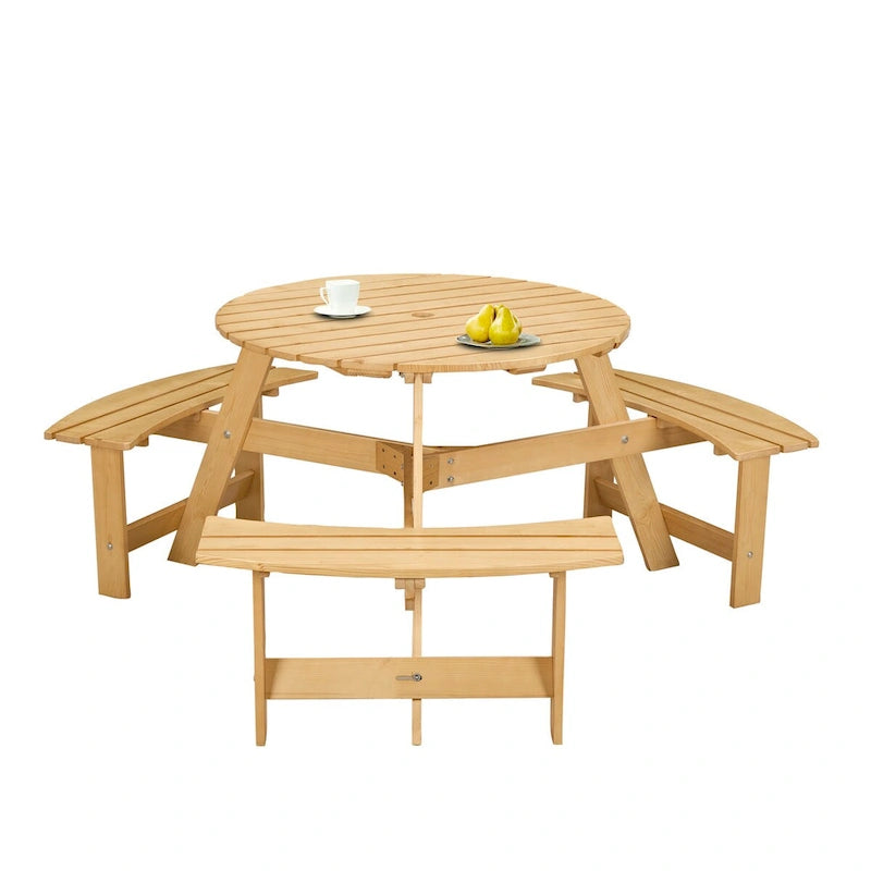 Ensemble table de pique-nique ronde d'extérieur avec bancs intégrés et trou pour parasol