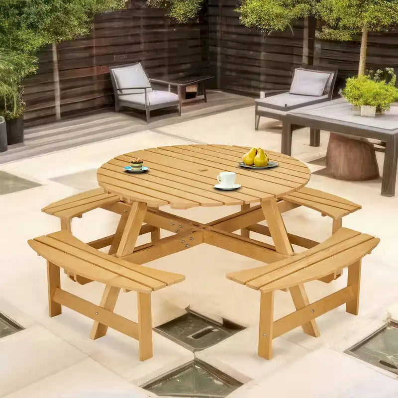 Ensemble table de pique-nique ronde d'extérieur avec bancs intégrés et trou pour parasol
