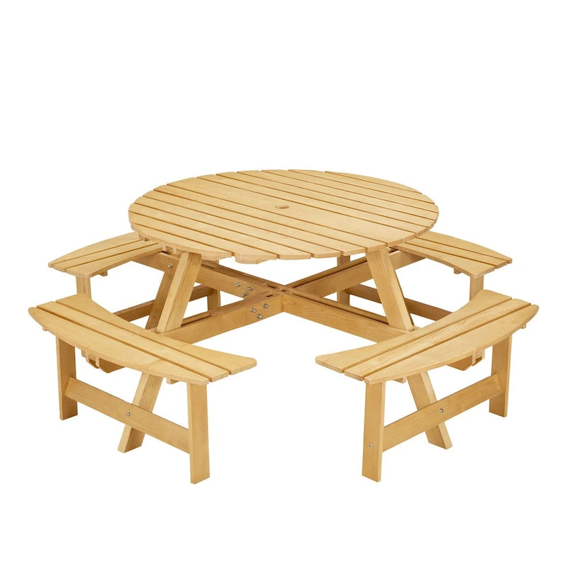 Ensemble table de pique-nique ronde d'extérieur avec bancs intégrés et trou pour parasol