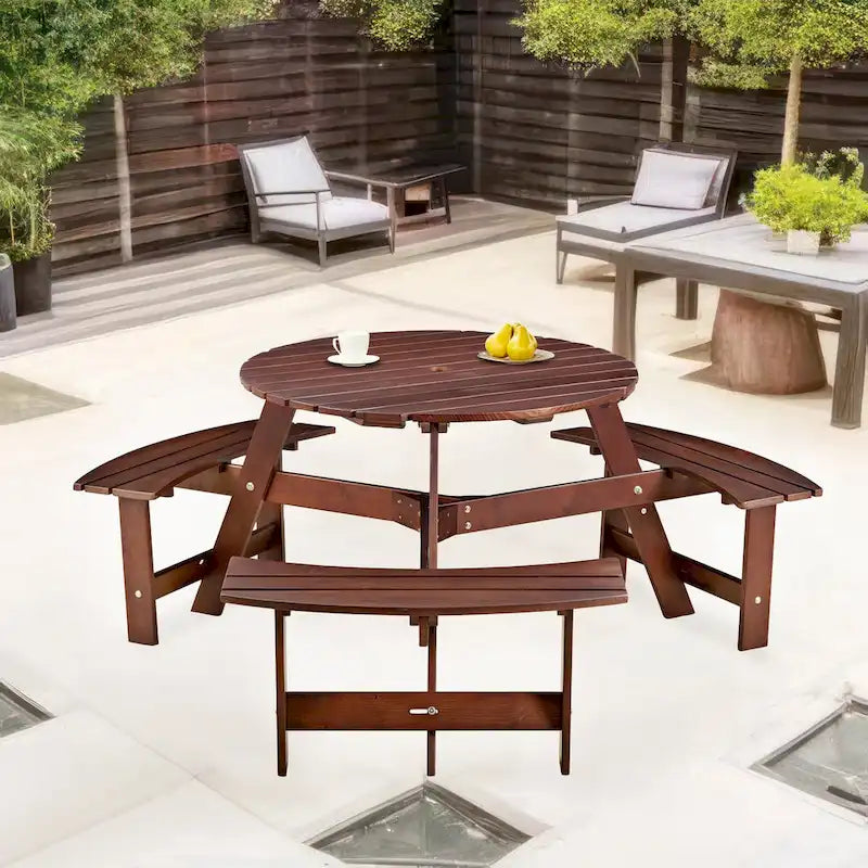 Ensemble table de pique-nique ronde d'extérieur avec bancs intégrés et trou pour parasol