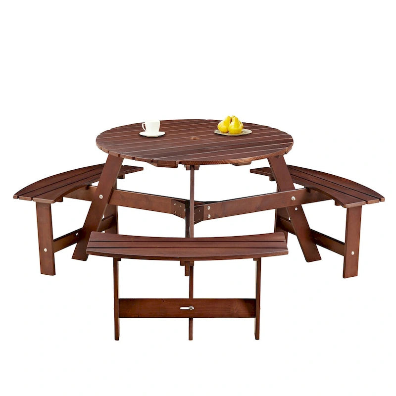 Ensemble table de pique-nique ronde d'extérieur avec bancs intégrés et trou pour parasol