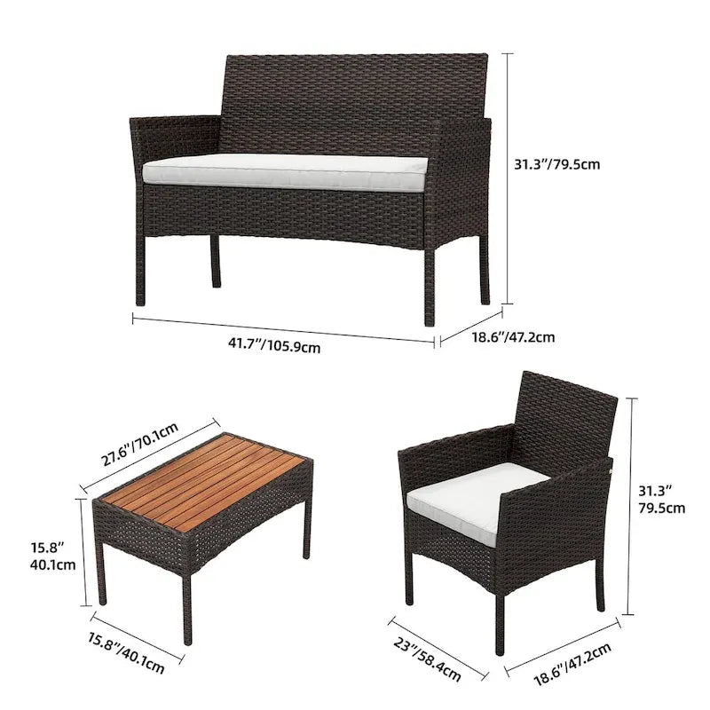 Ensemble bistro de patio Moasis 4 pièces, mobilier de jardin en rotin, canapé deux places, salon de conversation - 41,7 cm (L) x 18,6 cm (l) x 31,3 cm (H)